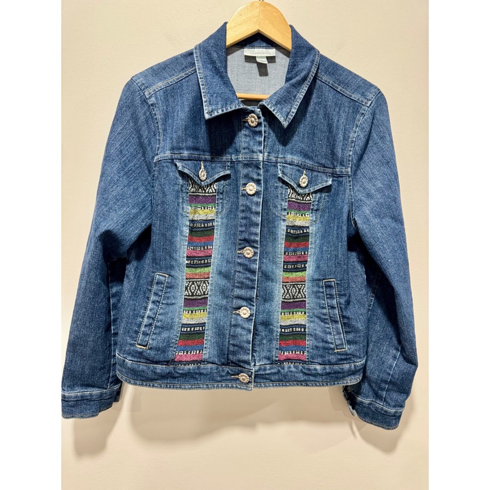Dressbarn Womens Blue Denim Jacket Southwestern Woven Panels Floral Button M